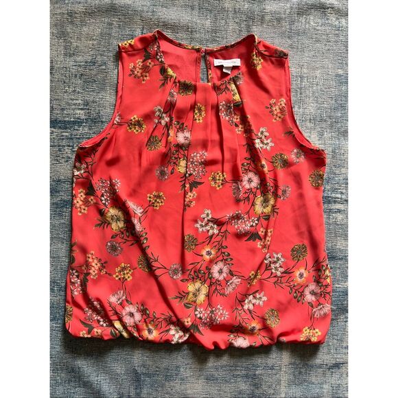 Liz Claiborne Coral Floral Pleated Neck Bubble Hem Blouse Large - Picture 1 of 4